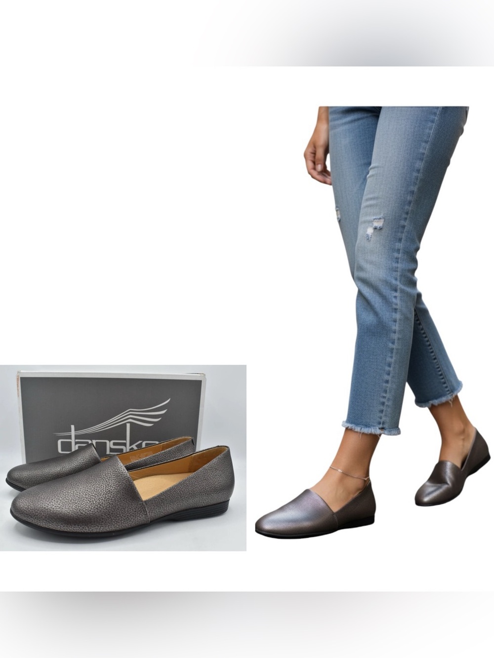Dansko Larisa Metallic Pewter Leather Slip On Loafers Flats Size 40 US 9.5-10